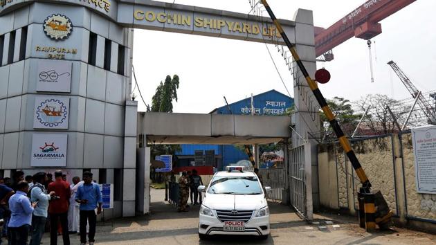 A police vehicle exits Cochin Shipyard Ltd after a blast that occurred during a repair on a ship owned by Oil and Natural Gas Corporation (ONGC) in Kerala. Five people were killed and 10 others injured in the incident. (Sivaram / REUTERS)