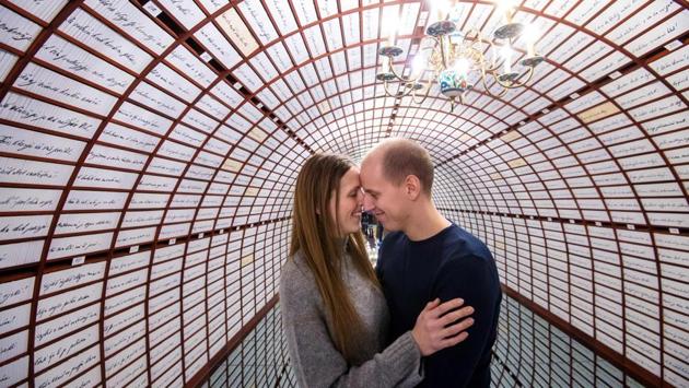 In a small medieval Slovak town, couples are getting ready on Valentine’s Day to make a “deposit” about their romance in a place dedicated to love stories. The “Love Bank” is the main attraction of an exhibition commemorating the world’s longest love poem, “Marina” by Slovak poet Andrej Sladkovic. Written in 1844, the 2,900-line long poem tells the tale of the doomed love between the poet and Maria Pischlova. (Vladimir Simicek / AFP) In a small medieval Slovak town, couples are getting ready on Valentine’s Day to make a “deposit” about their romance in a place dedicated to love stories. The “Love Bank” is the main attraction of an exhibition commemorating the world’s longest love poem, “Marina” by Slovak poet Andrej Sladkovic. Written in 1844, the 2,900-line long poem tells the tale of the doomed love between the poet and Maria Pischlova. (Vladimir Simicek / AFP)