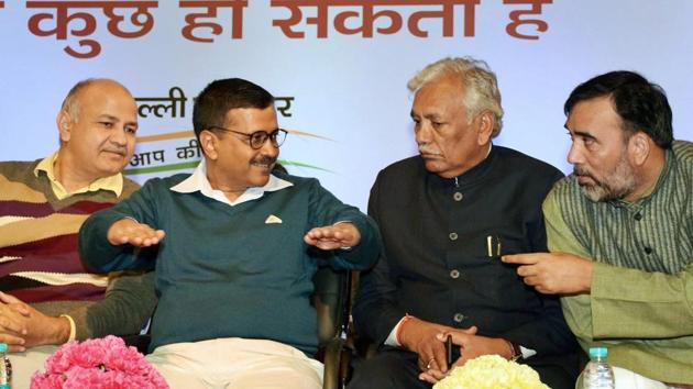 Delhi chief minister Arvind Kejriwal, deputy chief minister Manish Sisodia, speaker Ram Niwas Goel and Delhi labour minister Gopal Rai at a function on the completion of three years of the Aam Aadmi Party government, in New Delhi on Wednesday. (PTI Photo) Delhi chief minister Arvind Kejriwal, deputy chief minister Manish Sisodia, speaker Ram Niwas Goel and Delhi labour minister Gopal Rai at a function on the completion of three years of the Aam Aadmi Party government, in New Delhi on Wednesday. (PTI Photo)