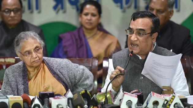 Delhi Congress chief Ajay Maken and former chief minister Sheila Dikshit release a charge sheet against the Aam Aadmi Party at a press conference in New Delhi on Wednesday. (PTI Photo) Delhi Congress chief Ajay Maken and former chief minister Sheila Dikshit release a charge sheet against the Aam Aadmi Party at a press conference in New Delhi on Wednesday. (PTI Photo)