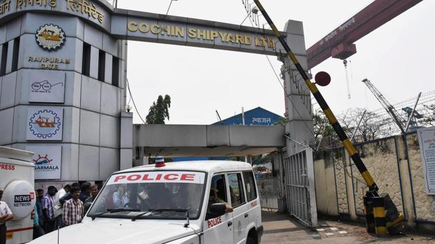 A police van outside Cochin shipyard where a blast occurred in an ONGC tanker that was under repair. (PTI) A police van outside Cochin shipyard where a blast occurred in an ONGC tanker that was under repair. (PTI)