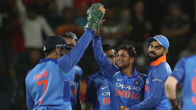 Kuldeep Yadav celebrates after picking one of his four wickets during the fifth ODI between South Africa and India in Port Elizabeth. (BCCI)
