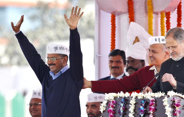 Arvind Kejriwal greets supporters during his swearing-in ceremony as chief minister at the Ramlila ground, New Delhi in 2015. The Aam Aadmi Party’s (AAP) slogan ‘paanch saal Kejriwal’ found such resonance in Delhi that the party ended up rewriting electoral history by winning 67 of 70 assembly seats. As the party completes three years in power today, the new slogan is ‘everything is possible’. (Ajay Aggarwal / HT Archive) Arvind Kejriwal greets supporters during his swearing-in ceremony as chief minister at the Ramlila ground, New Delhi in 2015. The Aam Aadmi Party’s (AAP) slogan ‘paanch saal Kejriwal’ found such resonance in Delhi that the party ended up rewriting electoral history by winning 67 of 70 assembly seats. As the party completes three years in power today, the new slogan is ‘everything is possible’. (Ajay Aggarwal / HT Archive)