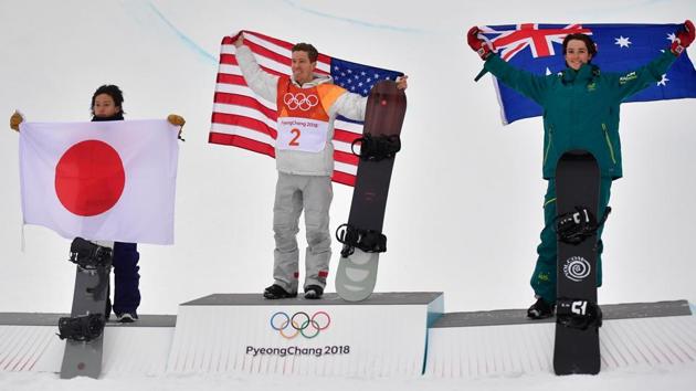 (L-R) Japan's Ayumu Hirano, US’ Shaun White and Australia's Scotty James celebrate on the podium after the final of the men's snowboard halfpipe. (AFP) (L-R) Japan's Ayumu Hirano, US’ Shaun White and Australia's Scotty James celebrate on the podium after the final of the men's snowboard halfpipe. (AFP)