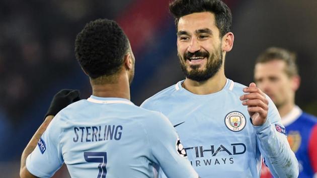 Manchester City's Ilkay Gundogan celebrates after scoring against FC Basel in their UEFA Champions League encounter.(AP)