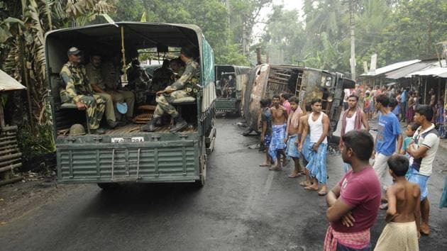 Troops were deployed at Basirhat subdivision in West Bengal’s North 24 Parganas district last year after a Facebook post stoked communal tension.(HT File)