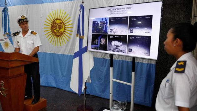 Argentine navy spokesperson Captain Enrique Balbi (left), addresses a press conference marking two months of the disappearance of the ARA San Juan submarine with 44 crew aboard, in Buenos Aires. (AFP Photo) Argentine navy spokesperson Captain Enrique Balbi (left), addresses a press conference marking two months of the disappearance of the ARA San Juan submarine with 44 crew aboard, in Buenos Aires. (AFP Photo)