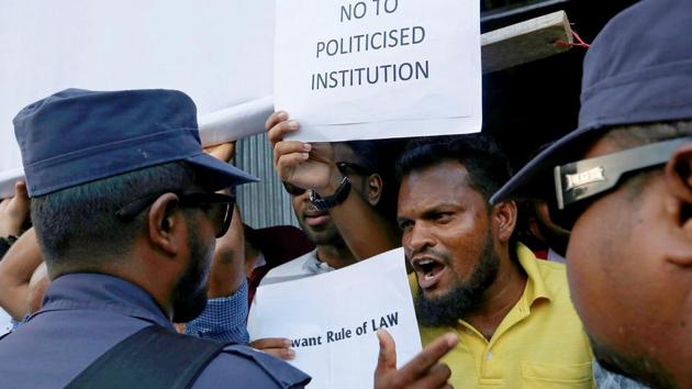 Maldivian opposition supporters demanding the government to release jailed opposition leaders, including former Presidents Mohamed Nasheed and Maumoon Abdul Gayoom in line with a Supreme Court order, in Male, Maldives, on February 9, 2018. (Reuters) Maldivian opposition supporters demanding the government to release jailed opposition leaders, including former Presidents Mohamed Nasheed and Maumoon Abdul Gayoom in line with a Supreme Court order, in Male, Maldives, on February 9, 2018. (Reuters)