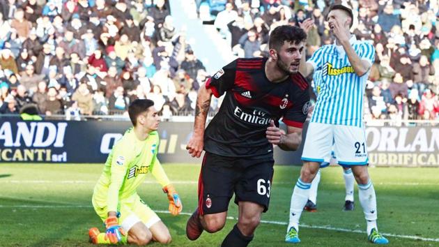 AC Milan's Patrick Cutrone (C) celebrates after scoring his side's second goal during the Serie A match between SPAL and AC Milan at the Paolo Mazza Stadium in Ferrara, Italy on Saturday, February 10 2018. (AP) AC Milan's Patrick Cutrone (C) celebrates after scoring his side's second goal during the Serie A match between SPAL and AC Milan at the Paolo Mazza Stadium in Ferrara, Italy on Saturday, February 10 2018. (AP)