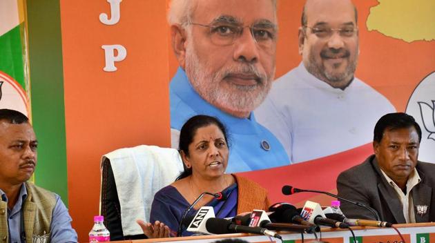 Defence Minsiter and senior BJP leader Nirmala Sitharaman addresses the media after releasing the party's vision document for the Meghalaya Assembly elections in Shillong on Thursday. (PTI) Defence Minsiter and senior BJP leader Nirmala Sitharaman addresses the media after releasing the party's vision document for the Meghalaya Assembly elections in Shillong on Thursday. (PTI)