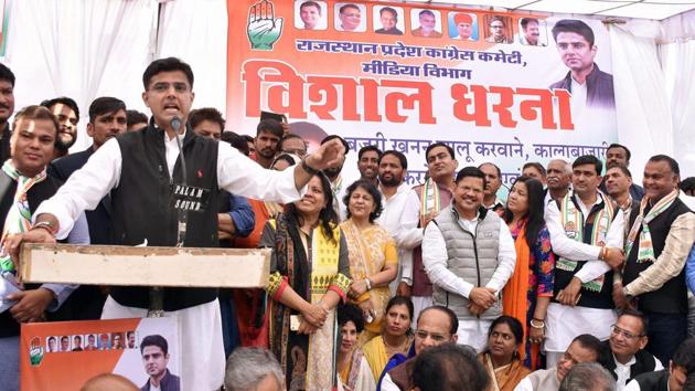 Rajasthan Congress President Sachin Pilot speaks during a protest against the illegal gravel mining, near state Assembly in Jaipur on Thursday. (PTI) Rajasthan Congress President Sachin Pilot speaks during a protest against the illegal gravel mining, near state Assembly in Jaipur on Thursday. (PTI)