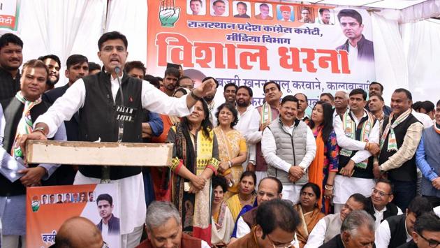 Rajasthan Congress President Sachin Pilot speaks against the illegal gravel mining, near the State Assembly in Jaipur on Thursday. (PTI) Rajasthan Congress President Sachin Pilot speaks against the illegal gravel mining, near the State Assembly in Jaipur on Thursday. (PTI)