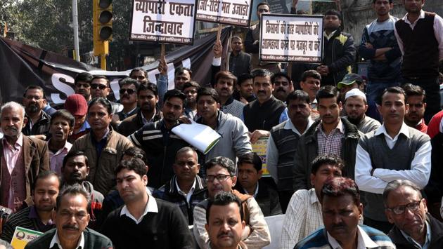 Traders across Delhi participated in a rally at Town Hall, Chandni Chowk in Old Delhi, to protest against the ongoing sealing drive under the confederation of All India Traders (CAIT). They demanded both the Delhi and Central government to not sit idle and bring either an ordinance or bill in parliament to stop sealing in Delhi, on Thursday. (Sonu Mehta/HT Photo) Traders across Delhi participated in a rally at Town Hall, Chandni Chowk in Old Delhi, to protest against the ongoing sealing drive under the confederation of All India Traders (CAIT). They demanded both the Delhi and Central government to not sit idle and bring either an ordinance or bill in parliament to stop sealing in Delhi, on Thursday. (Sonu Mehta/HT Photo)