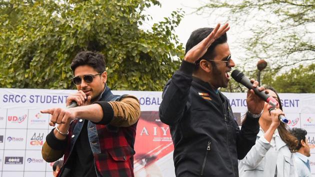 Manoj Bajpayee and Sidharth Malhotra at SRCC North Campus on 12 February 2018 in New Delhi, India. (Photo: Sarang Gupta/ Hindustan Times)