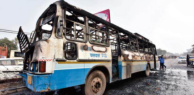The Haryana Roadways bus that was set on fire by a mob on January 24 demanding a ban on the release of Sanjay Bhansali’s Padmaavat. (Sanjeev Verma/HT PHOTO) The Haryana Roadways bus that was set on fire by a mob on January 24 demanding a ban on the release of Sanjay Bhansali’s Padmaavat. (Sanjeev Verma/HT PHOTO)