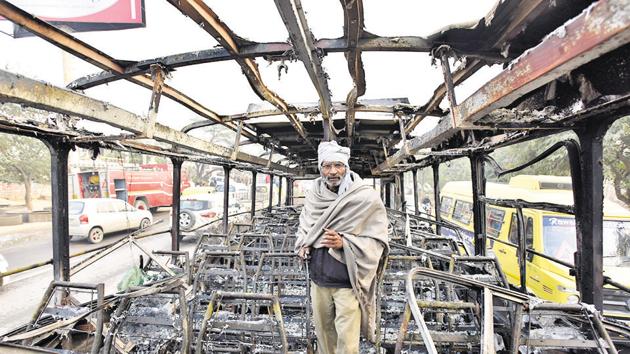 A Haryana Roadways bus which was set on fire on January 24 near Bhondsi village in Gurgaon allegedly by activists of Karni Sena, who were protesting against the release of film, ‘Padmaavat’. (Sanjeev Verma/HT Photo) A Haryana Roadways bus which was set on fire on January 24 near Bhondsi village in Gurgaon allegedly by activists of Karni Sena, who were protesting against the release of film, ‘Padmaavat’. (Sanjeev Verma/HT Photo)