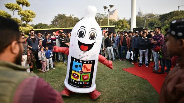 People gather to observe the International Condom Day 2018, an event organized by Aids Health care Foundation at Central Park in New Delhi on February 13. (Sanchit Khanna / HT Photo) People gather to observe the International Condom Day 2018, an event organized by Aids Health care Foundation at Central Park in New Delhi on February 13. (Sanchit Khanna / HT Photo)