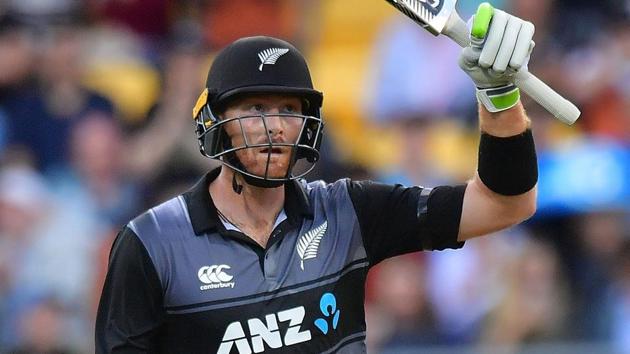 Martin Guptill celebrates his century during the T20 encounter between New Zealand and Australia on Friday.(AFP)