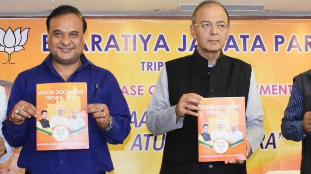 Senior BJP leader and finance minister Arun Jaitley with Himanta Biswa Sarma in Agartala. To offset its weak organisation, the BJP has co-opted leaders from outside. The most successful example of this strategy is Sarma — whose entry arguably changed the course of the Assam election. (PTI) Senior BJP leader and finance minister Arun Jaitley with Himanta Biswa Sarma in Agartala. To offset its weak organisation, the BJP has co-opted leaders from outside. The most successful example of this strategy is Sarma — whose entry arguably changed the course of the Assam election. (PTI)