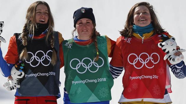 Michela Moioli (C) celebrates after winning the snowboardcross gold at the 2018 Winter Olympics. (REUTERS) Michela Moioli (C) celebrates after winning the snowboardcross gold at the 2018 Winter Olympics. (REUTERS)