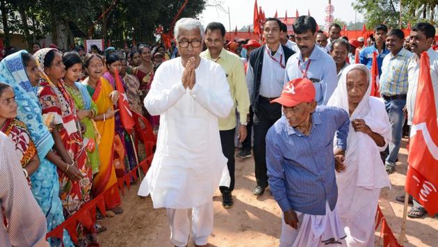 Tripura chief minister Manik Sarkar campaigns in his home turf during the final leg ahead of Tripura assembly elections in Dhanpur on Friday. (PTI Photo) Tripura chief minister Manik Sarkar campaigns in his home turf during the final leg ahead of Tripura assembly elections in Dhanpur on Friday. (PTI Photo)