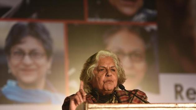 Supreme Court lawyer Indira Jaising,  highlighted the lesson of standing against dictatorships, military or otherwise, she attributed to having drawn from her association with Asma. Jaising also announced the Supreme Court Bar Association would also be convening in memoriam. (Raj K Raj / HT Photo) 