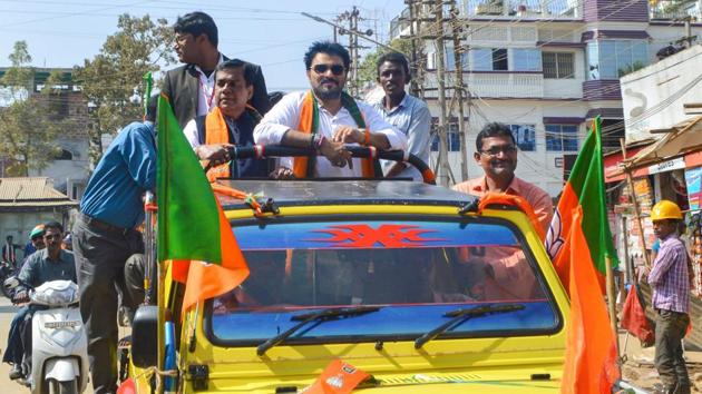 Union minister and Bharatiya Janata Party MP Babul Supriyo participates in a rally ahead of Tripura assembly elections in Agartala on Friday. (PTI photo) Union minister and Bharatiya Janata Party MP Babul Supriyo participates in a rally ahead of Tripura assembly elections in Agartala on Friday. (PTI photo)