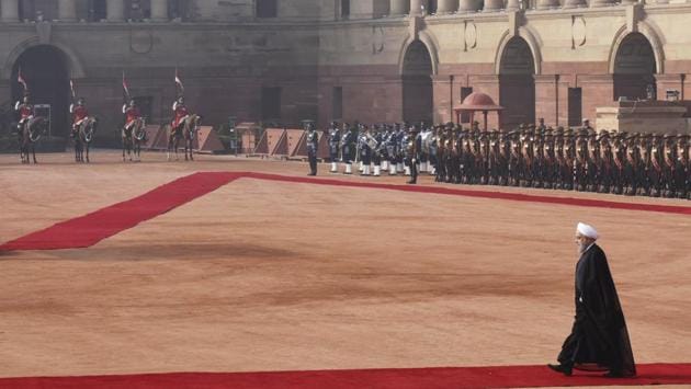 Iranian President Dr. Hassan Rouhani leaves after inspecting the guard of Honor during a ceremonial reception at Rashtrapati Bhavan in New Delhi on February 17. (Vipin Kumar / HT Photo) Iranian President Dr. Hassan Rouhani leaves after inspecting the guard of Honor during a ceremonial reception at Rashtrapati Bhavan in New Delhi on February 17. (Vipin Kumar / HT Photo)
