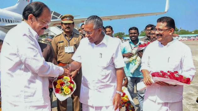 Vice-president M Venkaiah Naidu being received by Kerala chief minister Pinarayi Vijayan on his arrival in Thiruvananthapuram on Friday. (PTI) Vice-president M Venkaiah Naidu being received by Kerala chief minister Pinarayi Vijayan on his arrival in Thiruvananthapuram on Friday. (PTI)