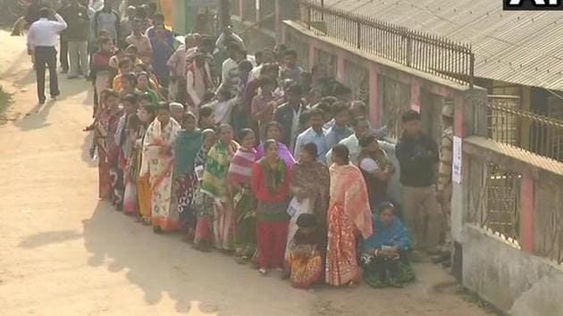 Voters outside Bhati Abhay Nagar in Agartala on Sunday. BJP’s Sudip Roy Barman is the sitting MLA from Agartala. (ANI Twitter Photo) Voters outside Bhati Abhay Nagar in Agartala on Sunday. BJP’s Sudip Roy Barman is the sitting MLA from Agartala. (ANI Twitter Photo)