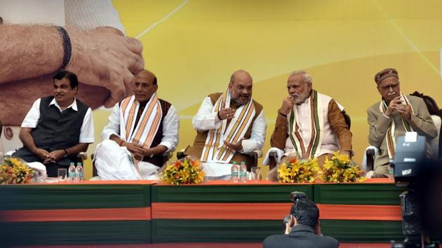 Narendra Modi, BJP National President Amit Shah, Senoir BJP Leader LK Advani, Union Home Minister Rajnath Singh, Minister of Road Transport and Highways Nitin Gadkari during inauguration of the new BJP headquarters at Deen Dayal Upadhyay Marg, in New Delhi. (Sonu Mehta / HT Photo ) Narendra Modi, BJP National President Amit Shah, Senoir BJP Leader LK Advani, Union Home Minister Rajnath Singh, Minister of Road Transport and Highways Nitin Gadkari during inauguration of the new BJP headquarters at Deen Dayal Upadhyay Marg, in New Delhi. (Sonu Mehta / HT Photo )