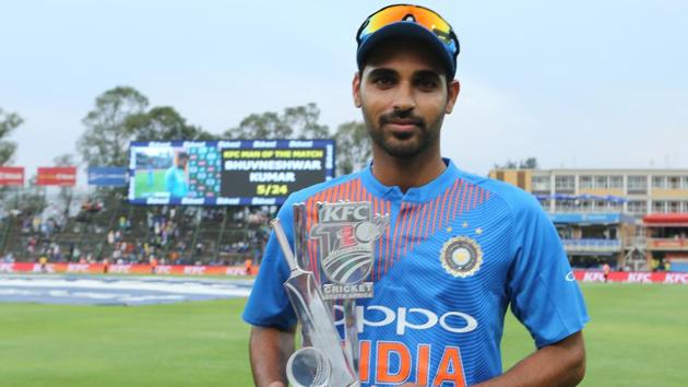 Riding on Shikhar Dhawan’s 72 and Bhuvneshwar Kumar’s five-wicket haul, India beat South Africa by 28 runs to go 1-0 up in the three-match T20 series. Get highlights of India vs South Africa, 1st T20, Johannesburg here.(BCCI)