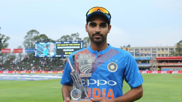 Shikhar Dhawan’s blistering 72 and Bhuvneshwar Kumar’s five-wicket haul guided India to a 28-run win over South Africa in the first T20 at Johannesburg. (BCCI )