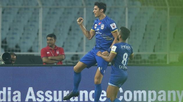 Rafael Jorda Ruiz De Assin of Mumbai City FC celebrates after scoring against ATK in an Indian Super League (ISL) match at the Vivekananda Yuba Bharati Krirangan Stadium in Kolkata on Sunday.(ISL / SPORTZPICS)