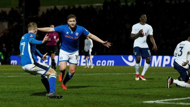 Rochdale's Steven Davies celebrates scoring their second goal against Tottenham Hotspur in a FA Cup fifth round match. (REUTERS) Rochdale's Steven Davies celebrates scoring their second goal against Tottenham Hotspur in a FA Cup fifth round match. (REUTERS)