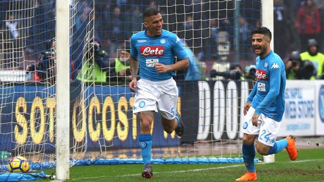 Napoli's Allan, left, celebrates after scoring his side first goal during their Serie A match against SPAL at San Paolo stadium in Naples on Sunday.(AP)