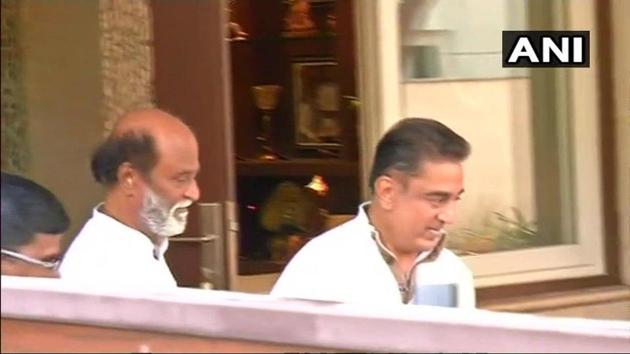 Kamal Haasan and Rajinikanth meet in Chennai.(ANI)