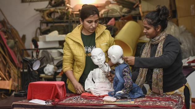 Delhi-based puppeteers rehearse for their show in a studio at Kishangarh on Friday.