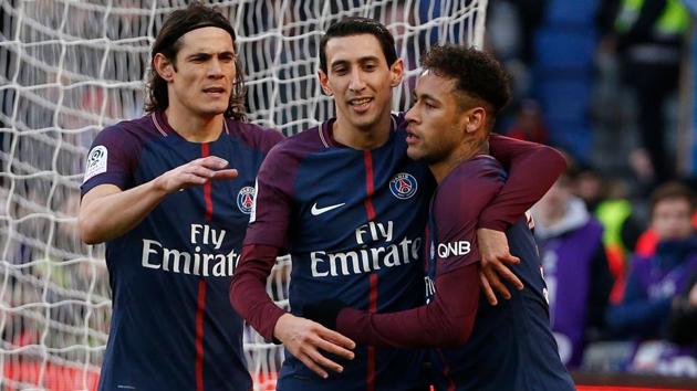 (From L) Paris Saint-Germain's Uruguayan forward Edinson Cavani, Argentinian forward Angel Di Maria and Brazilian forward Neymar Jr celebrate during the French Top 14 rugby union match Toulon vs. Stade Français at The Mayol Stadium in Toulon, southern France on Saturday. (AFP) (From L) Paris Saint-Germain's Uruguayan forward Edinson Cavani, Argentinian forward Angel Di Maria and Brazilian forward Neymar Jr celebrate during the French Top 14 rugby union match Toulon vs. Stade Français at The Mayol Stadium in Toulon, southern France on Saturday. (AFP)