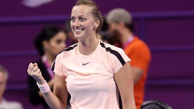 Petra Kvitova reacts after defeating Caroline Wozniacki during their Qatar Open semifinal match on Saturday.(AFP)