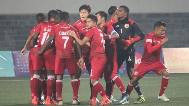 Shillong Lajong players celebrate after scoring against Aizawl FC in their I-League match in Shillong on Monday.(AIFF)