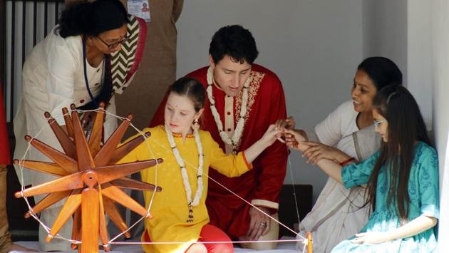 Canadian Prime Minister Justin Trudeau and his family at the Gandhi Ashram in Ahmedabad. Trudeau wrote in the visitors’ book that it was “a beautiful place of peace, humility and truth, that is as needed today as it ever was.” (Siddharaj Solanki / HT Photo) Canadian Prime Minister Justin Trudeau and his family at the Gandhi Ashram in Ahmedabad. Trudeau wrote in the visitors’ book that it was “a beautiful place of peace, humility and truth, that is as needed today as it ever was.” (Siddharaj Solanki / HT Photo)