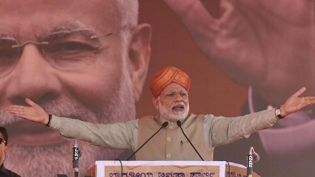 Prime Minister Narendra Modi addresses a BJP rally ahead of in Mysuru on Monday. (Arijit Sen/HT Photo) Prime Minister Narendra Modi addresses a BJP rally ahead of in Mysuru on Monday. (Arijit Sen/HT Photo)