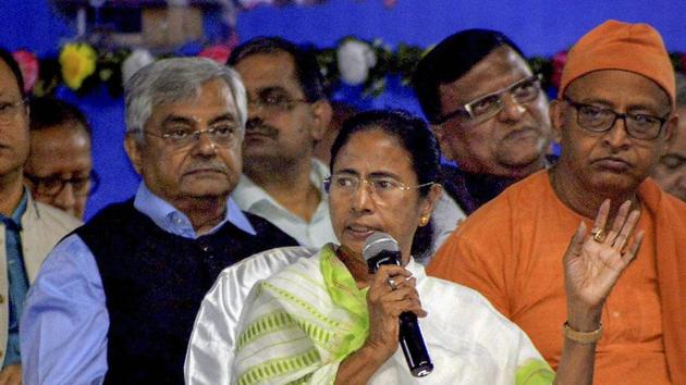 West Bengal chief minister Mamata Banerjee speaks during an adminstrative meeting at Berhampore Rabindrasadan in Murshidabad on Monday.(PTI Photo)