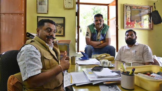 Narpat Singh and Govind Singh (Karni Sena) discuss the film Padmavat at Johar Bhavan in Chittorgarh, Rajasthan. they