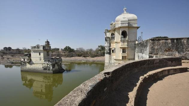 A view of Padmani Mahal at Chittorgarh in Rajasthan. Meanwhile, a plaque at what is popularly referred to as Padmini Palace inside the Chittorgarh fort was covered, allegedly by the Archaeological Survey Of India, after protests against the information imparted there. (Raj K Raj / HT Photo)