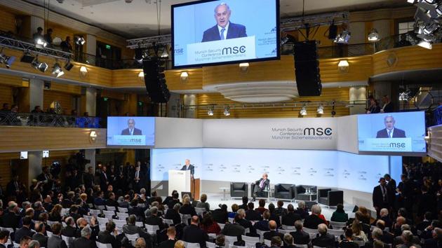 Israeli Prime Minister Benjamin Netanyahu appears on screens as he delivers a speech on the third day of the 54th Munich Security Conference on Sunday. (AFP Photo) Israeli Prime Minister Benjamin Netanyahu appears on screens as he delivers a speech on the third day of the 54th Munich Security Conference on Sunday. (AFP Photo)