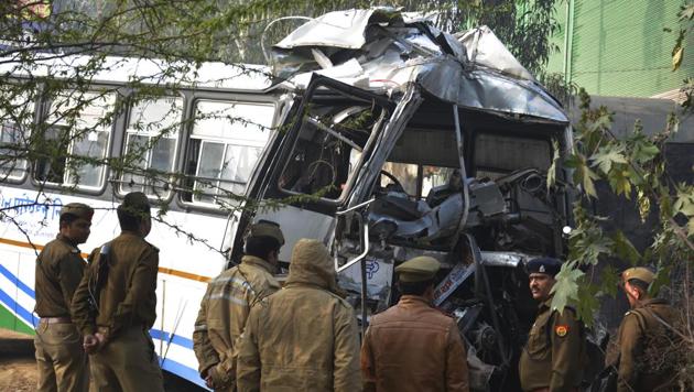 The Jalore-Haridwar Rajasthan roadways bus rammed into a truck on the erstwhile NH-58 in Ghaziabad, on Sunday morning. (Sakib Ali/HT Photo) The Jalore-Haridwar Rajasthan roadways bus rammed into a truck on the erstwhile NH-58 in Ghaziabad, on Sunday morning. (Sakib Ali/HT Photo)