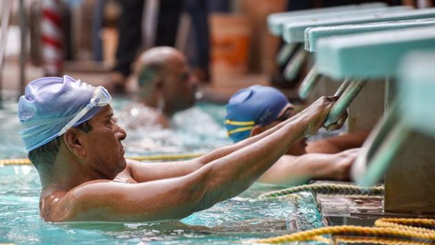 Participants at the NG Nande swimming pool at Bal Gandharva Rangamandir on February 17. (Sanket Wankhade/HT PHOTO)