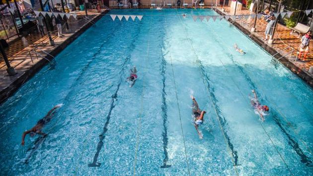 Contestants in action during the 1st All India Invitation Swimathon organised by the Champion Aquatic Club on February 17. (Sanket Wankhade/HT PHOTO)